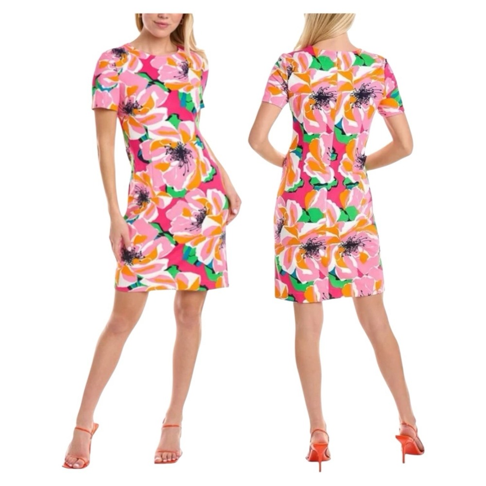 Trina Turk Women's 2 Round Neck Short Sleeve Floral Mini Dress Bota Zap Zip Pink